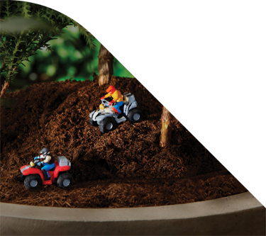 Mini figures ride mini ATVs through the dirt of a potted plant.