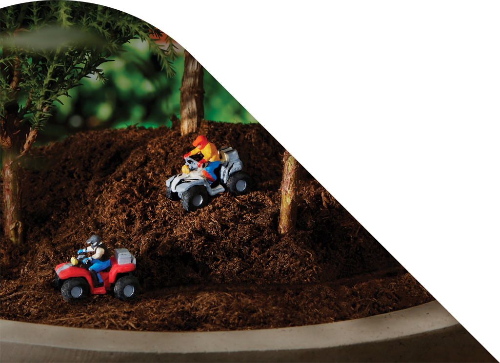 Mini figures ride mini ATVs through the dirt of a potted plant.